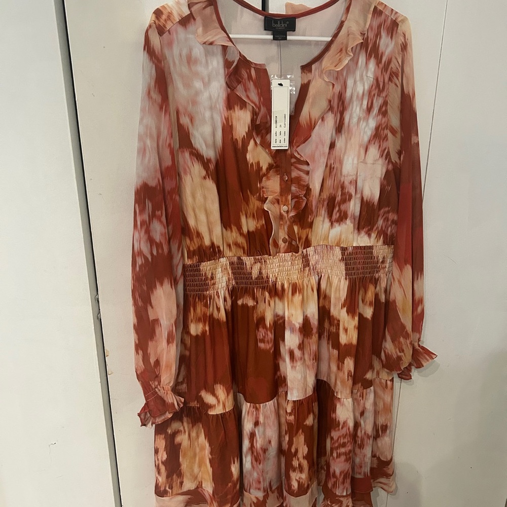 Belldini Rust and Cream Tie-Dye Long Sleeve Tiered Dress - Picture 1 of 12